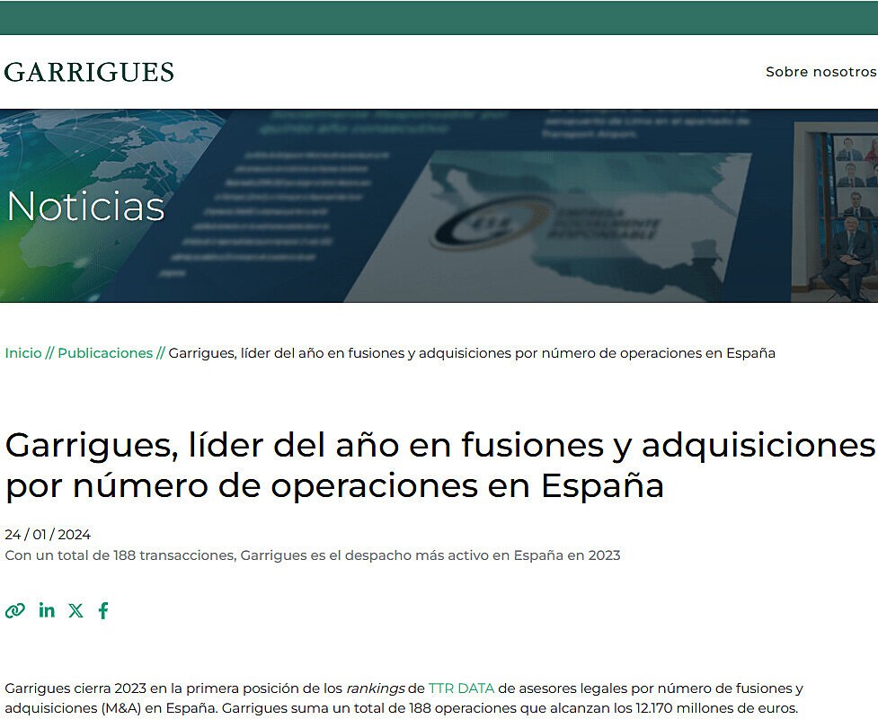 Garrigues, lder del ao en fusiones y adquisiciones por nmero de operaciones en Espaa